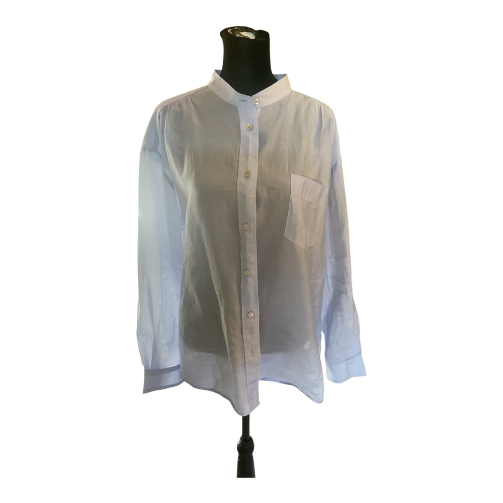 Molly Bracken Womens Light Blue Mandarin Collar Button Down Shirt Blouse Large